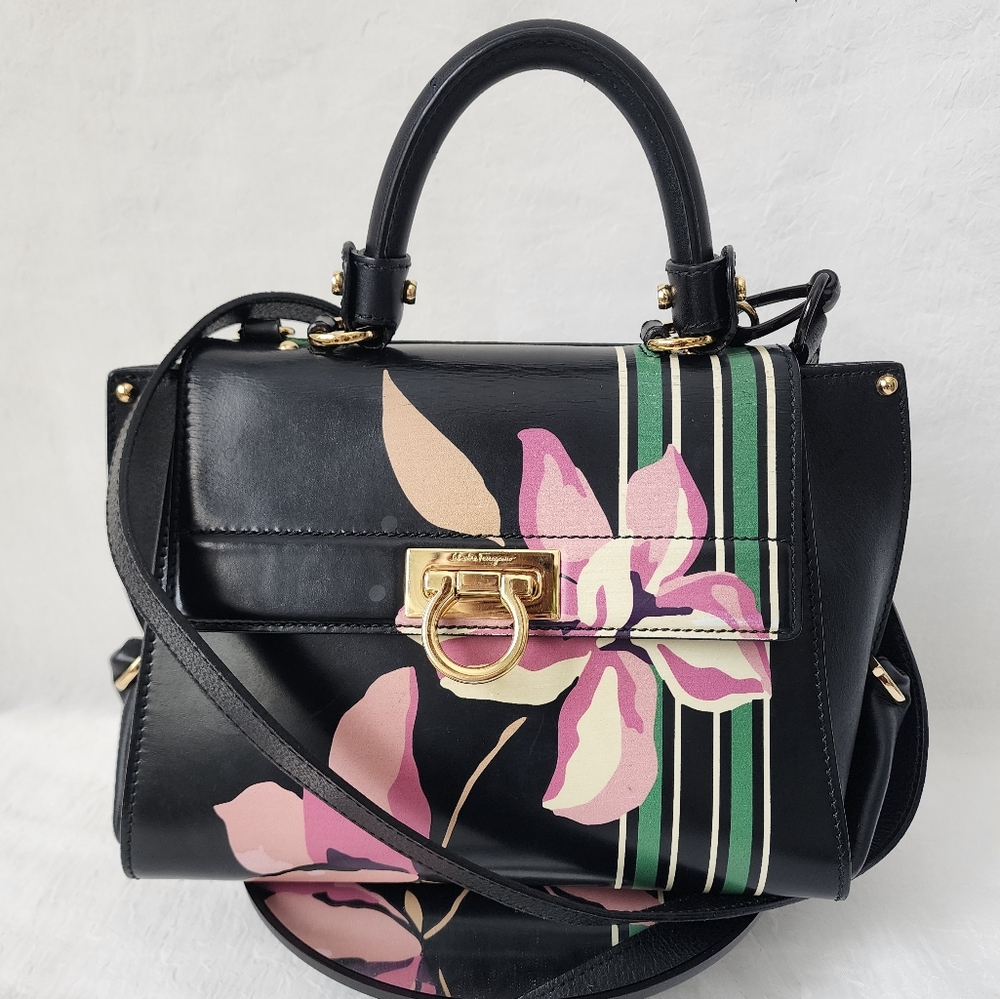 Auth Salvatore Ferragamo Sofia Floral Print Top Handle Satchel Bag